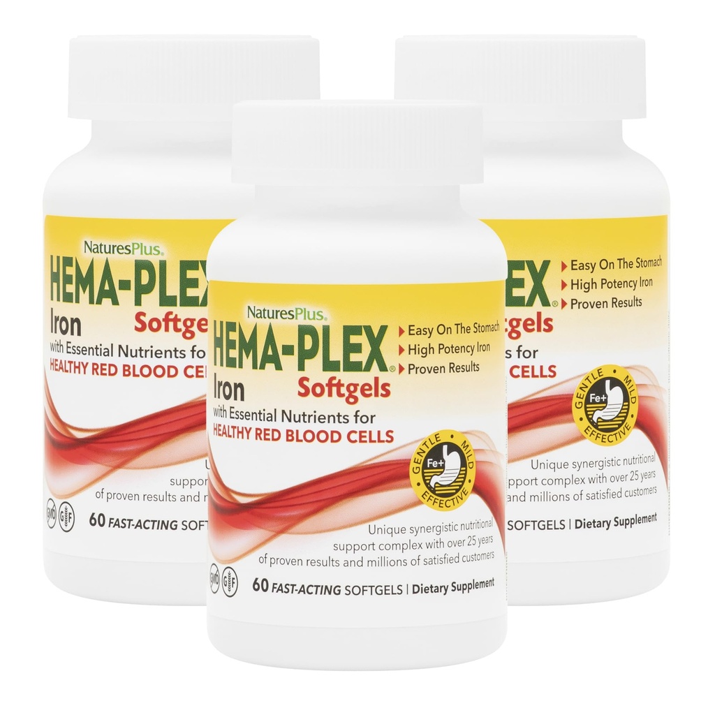 NaturesPlus Hema- Plex Iron - 60 Fast- Actioning Softgels - 3 Pack - 85 mg Iron + C-vitamin & Bioflavonoider til sunde røde blodceller - Gluten Free - 60 Total Servering