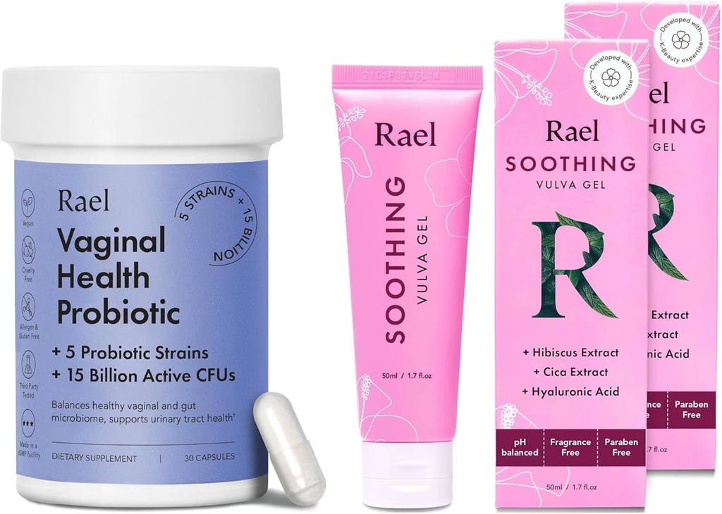 Rael Bundle - Probiotika Kosttilskud til kvinder, fordøjelige enzymer, Urinary Tract Health (30 dages forsyning) & Lindrende Vulva Gel - pH Balance Feminin Wash (1.7 Fl Oz, pakke med 2)