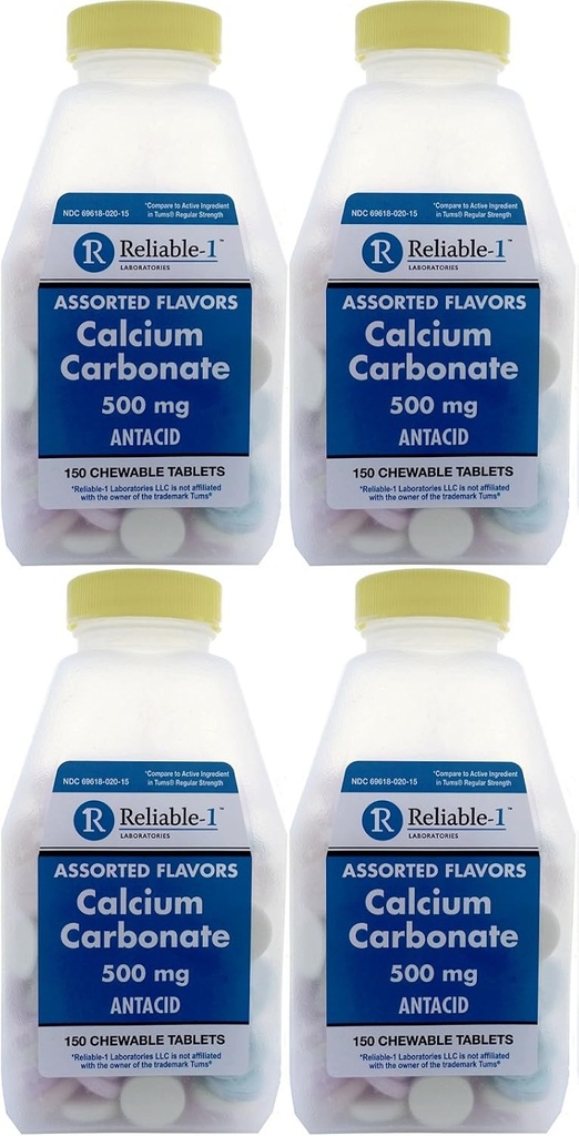 Calcium 500 mg Generisk til Tums Assorted Fruit Flavored Chewable Tablets Regelmæssig styrke Antacida for Syre fordøjelsesbesvær, Heartburn, Sour Mave 150 Chewable Tablets per flaske pakning med 4