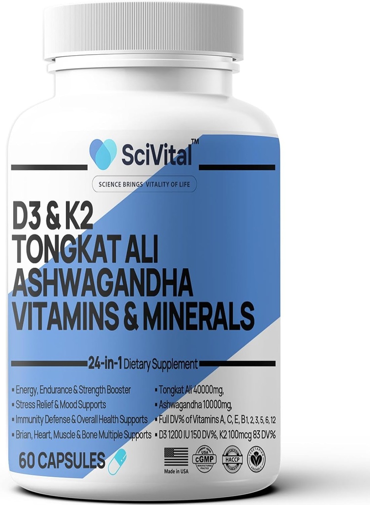 Ashwagandha 10000mg Tongkat Ali 40000mg tillæg med Multivitamin D3 K2 - Mænds Sundhed & Stress, Mood, Energy, Endurance Support - Ashwagandha Kapsler Tongkat Ali for Mænd USA - 60 Greve