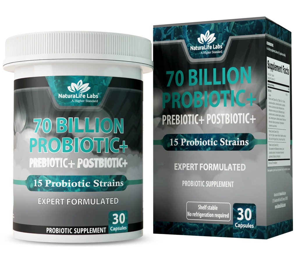 NaturaLife Labs Probiotika 70 Millioner CFU - 15 Strops med Organic Prebiotic & Postbiotic - 3-in-1 Formel - 30 Veganske kapsler