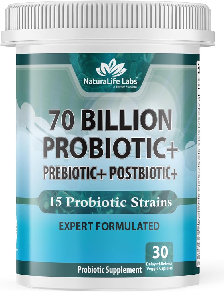 NaturaLife Labs Probiotika 70 Millioner CFU - 15 Strops med Organic Prebiotic & Postbiotic - 3-in-1 Formel - 30 Veganske kapsler
