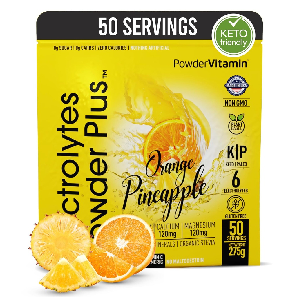 Elektrolytter Powder Plus (50 Servere), 0 Calorie Keto, 0 Sukker, Ingen Maltodextrin, 1000mg Kalium, 120mg Calcium, 120mg Magnesium, Hydrationspulver (50 Servere, Orange Ananas)