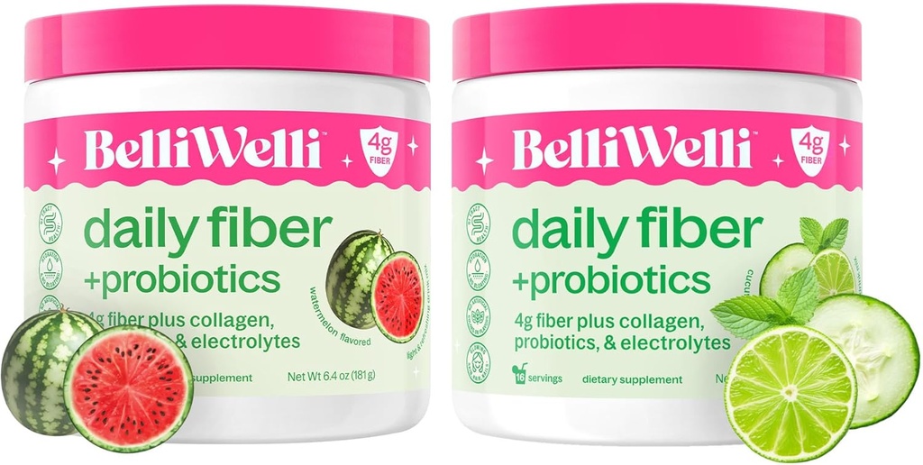 Belli Welli Daily Fiber Supplement Bundle - Cuckumber Lime Mint & Watermelon - med Collagen, Probiotika & Electrolytes - Forfriskning Wellness Flavors, 32 Total Servering