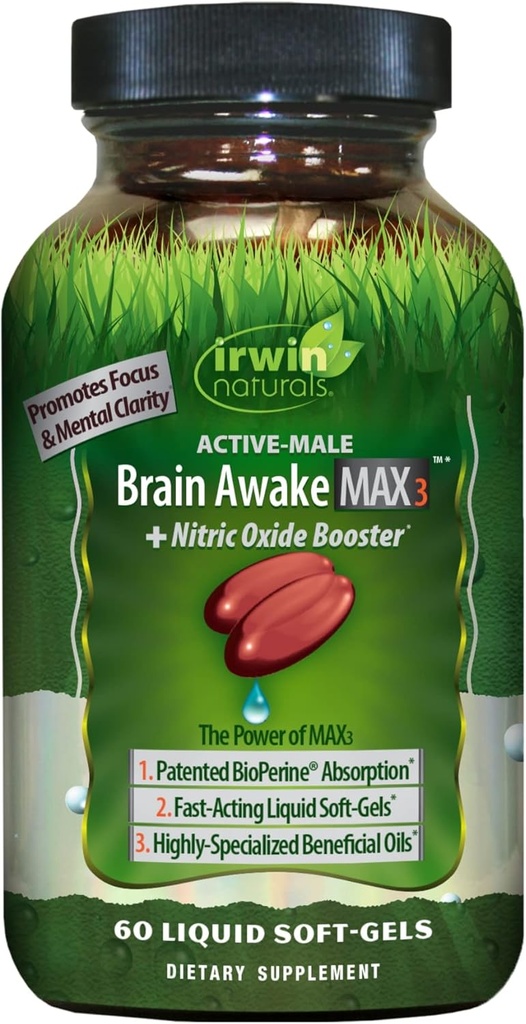 Irwin Naturals Brain Awake Max3 + Nitric Oxide Booster 60 Liquid Softgel