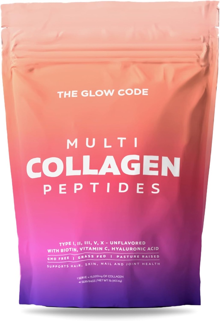 The Glow Code Multi Collagen Peptider - Type I, II, III, V & X Hydrolyzed Collagen Powder, Unflavored, Forbedret med biotin, C-vitamin & hyaluronsyre