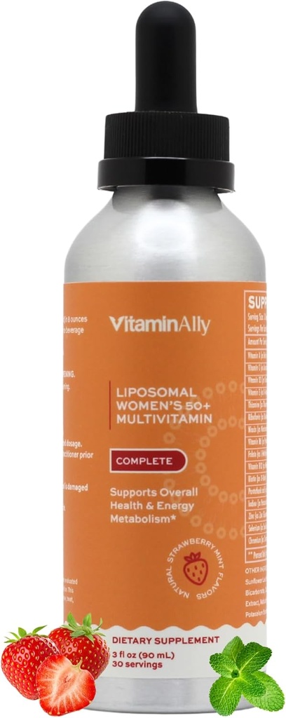 Kvinder 50 + Liposomal Væske Multivitamin - 16 essentielle vitaminer og mineraler til energi, ben & immunforsvar - sukkerfri, ikke-GMO, høj absorption - Jordbærmynte, 30 Servering