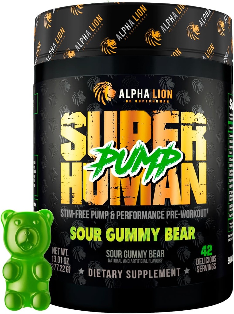 LEONA LION Superhuman Pump Pre Workout Powder, Nootrop Coffein & Stim Gratis Preworkout Supplement, Nitroc Oxide Booster, Muscle Gainer, Energy & Focus (42 Servere, Sour Gummy Bear)