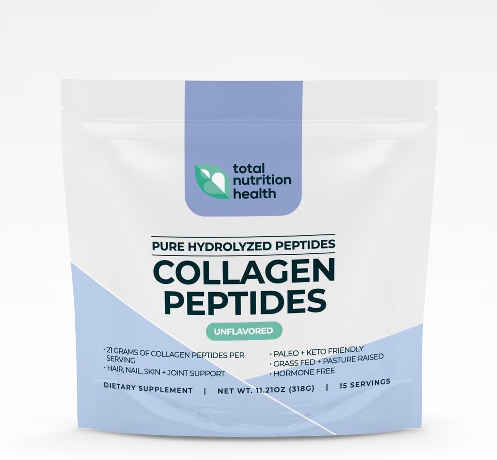 Collagen Peptider Powder - 11oz Unflavored - Pure Grass Fed Collagen Protein med vitamin C, B3, B6, B12, Biotin til hår, negle, hud og fælles støtte - non-GMO, sukkerfri