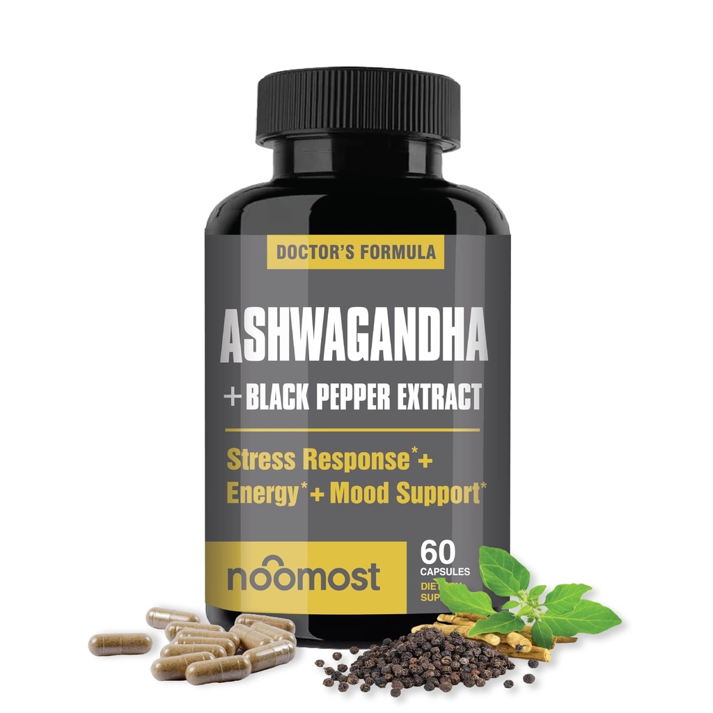 NooMost Organic Ashwagandha 400mg Capsules w / Black Pepper Extract som Vegan Ashwagandha Kosttilskud til Anti Stress Relief, Natural Mood Support, Energy & Focus-60 Kapsler
