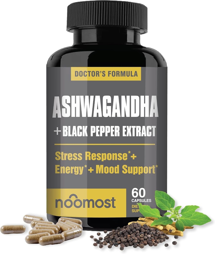 NooMost Organic Ashwagandha 400mg Capsules w / Black Pepper Extract som Vegan Ashwagandha Kosttilskud til Anti Stress Relief, Natural Mood Support, Energy & Focus-60 Kapsler