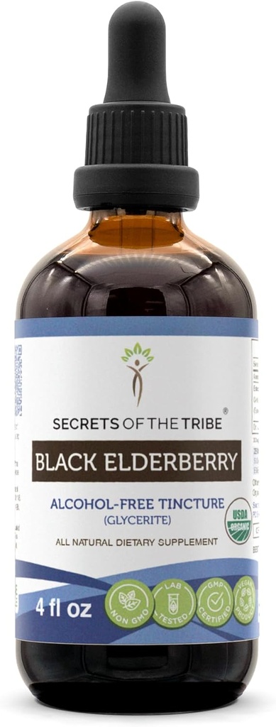 Black Elderberry USDA Organic Tincture against 124; Alkohol- GRATIS Extract, High- Potency Herbal Drops, Immunsystemet Health against 124; Lavet af 100% Certificeret Organic Black Elderberry (Sambucus Nigra) 4 oz