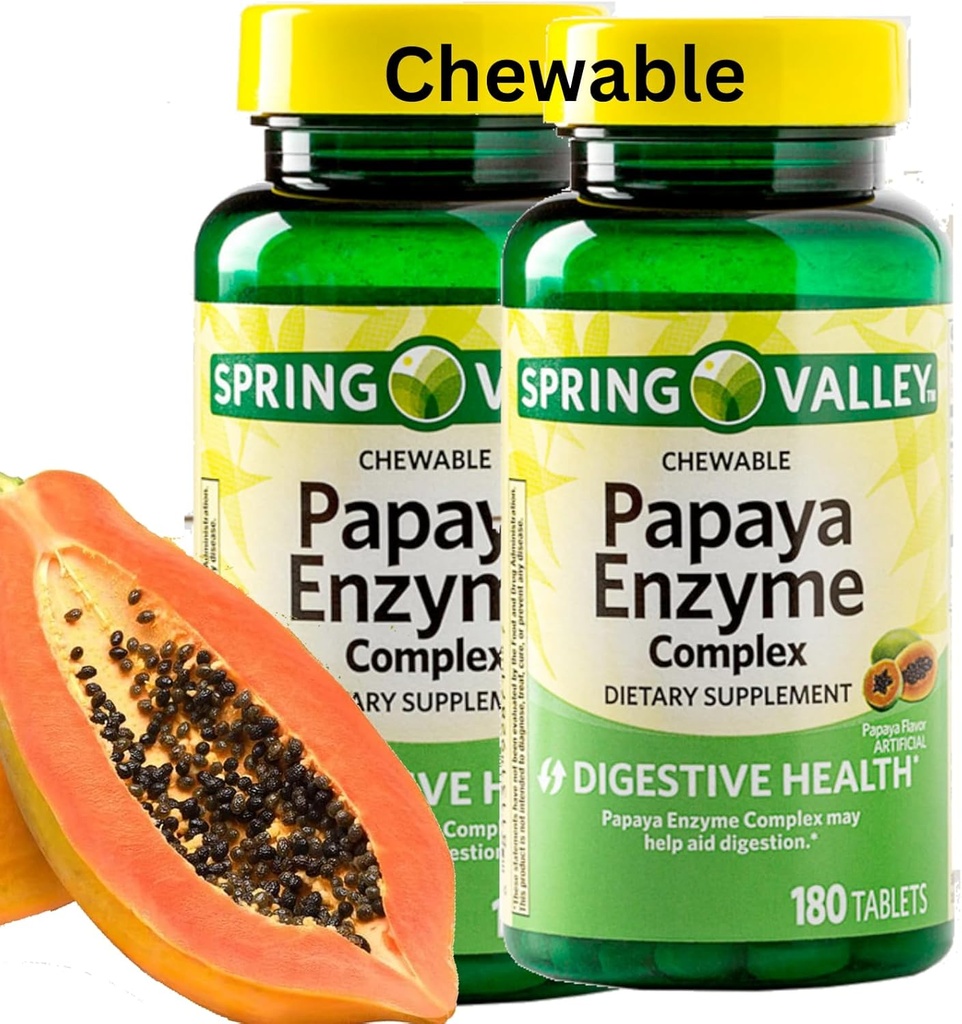 Spring Valley Papaya Enzyme Chewable - 360 Veganske tabletter, Bromelain Ny Formel fordøjelseshjælp