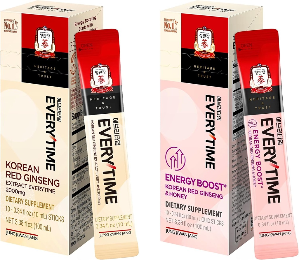 JUNG KWAN JANG Korean Red Ginseng Extract Everytime 2000mg & Energy Boost | Energy Supplements, Ginseng Supplement, Korean Food | Caffeine Free, Boost Energy, Support Immunity | 10 Count and 10 Count