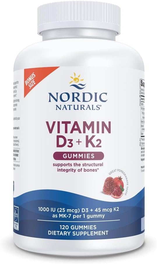 Nordic Naturals Vitamin D3 + K2 Gummies, Pomegranat - 120 Gummies - 1000 IE D3 + 45 mcg K2- Great Taste - Knoglesundhed, fremmer sund muskelfunktion - non-GMO - 120 Servering