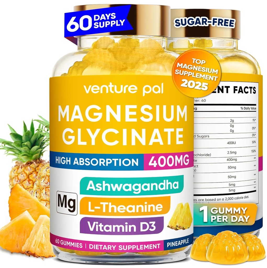 60 Day Supply Magnesium Glycinate 400mg Gummies med Ashwagandha, L- Theanine, CoQ10, Vitamin D3 & B6, Sukker fri Magnesium Gummies for voksne & børn, Stress Relief, Sleep & Calm, Vegan, Gluten Free