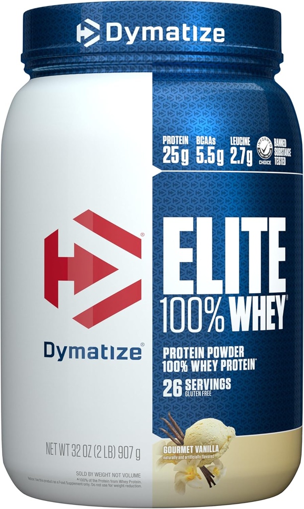 Dymatisere Elite 100% Whey Protein Powder, L- Leucin, Quick Absorbing & Fast Digesting for Optimal Muscle Recovery, Gourmet Vanilla, 32 Oz