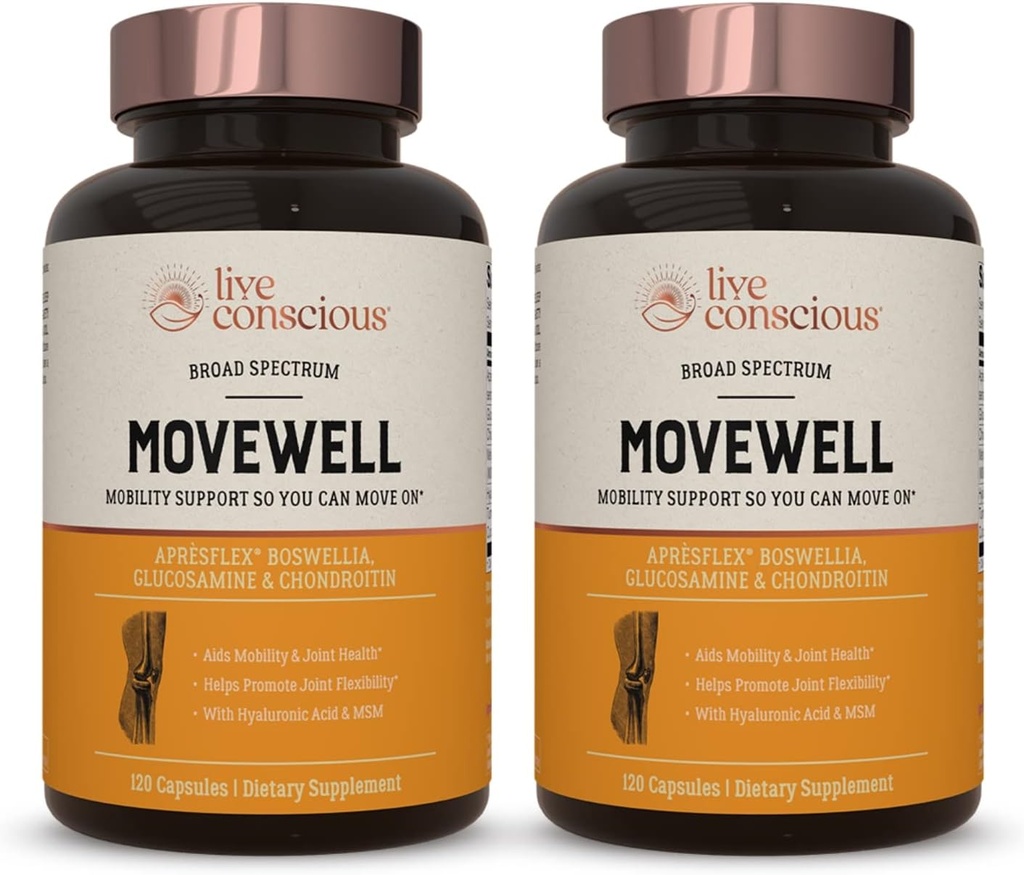 MoveWell by LiveConscious Glucosamine Chondroitin with MSM, Hyaluronic Acid, and More | Joint Health Supplement (2-Pack)