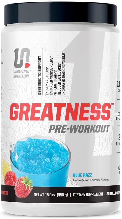 Udefineret Nutrition Greatness Pre- Workout by Brian Shaw (30 Servere) - 6 g Citrullin Malate & 3,2 g Beta alanine for bedre Pumper, energi, fokus og styrke for mænd og kvinder (15.9 Oz, Blue Razz)