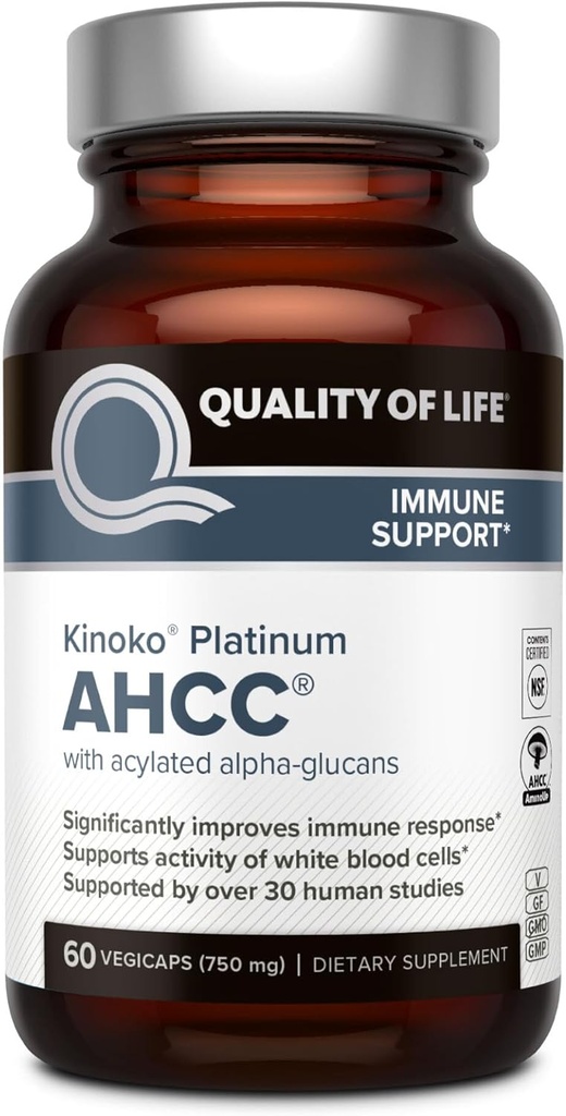 Livskvalitet Premium Kinoko Platinum AHCC Herbal Supplement, 750mg per kapsel, til immunforsvar, leverfunktion, vedligeholder Natural Killer Cell Aktivitet, pakke med 1, 60 Veggie Kapsler