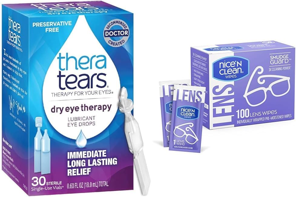 TheraTears Dry Eye Therapy- terapi Smøremiddel øjendråber, Konserveringsfri, 30 hætteglas & Nice 'N Clean SmudgeGuard Lens Rengøringsservietter, 100 servietter