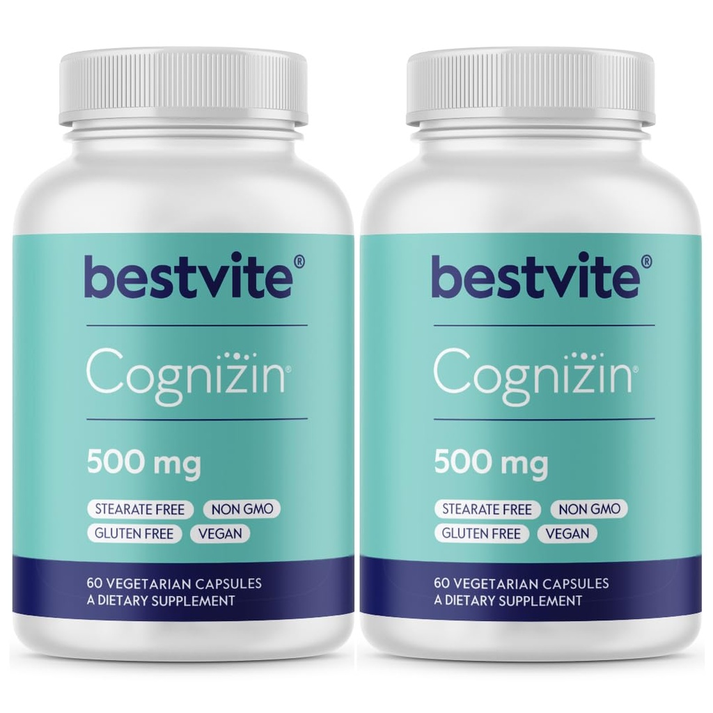 BESTVITE Cognizin Citicolin 500mg (120 vegetariske kapsler) (60x2) - Klinisk undersøgt Premium Cholin Nootrope - Ingen stearater - Vegan - Gluten Free - Brain Supplements for Memory and Focus