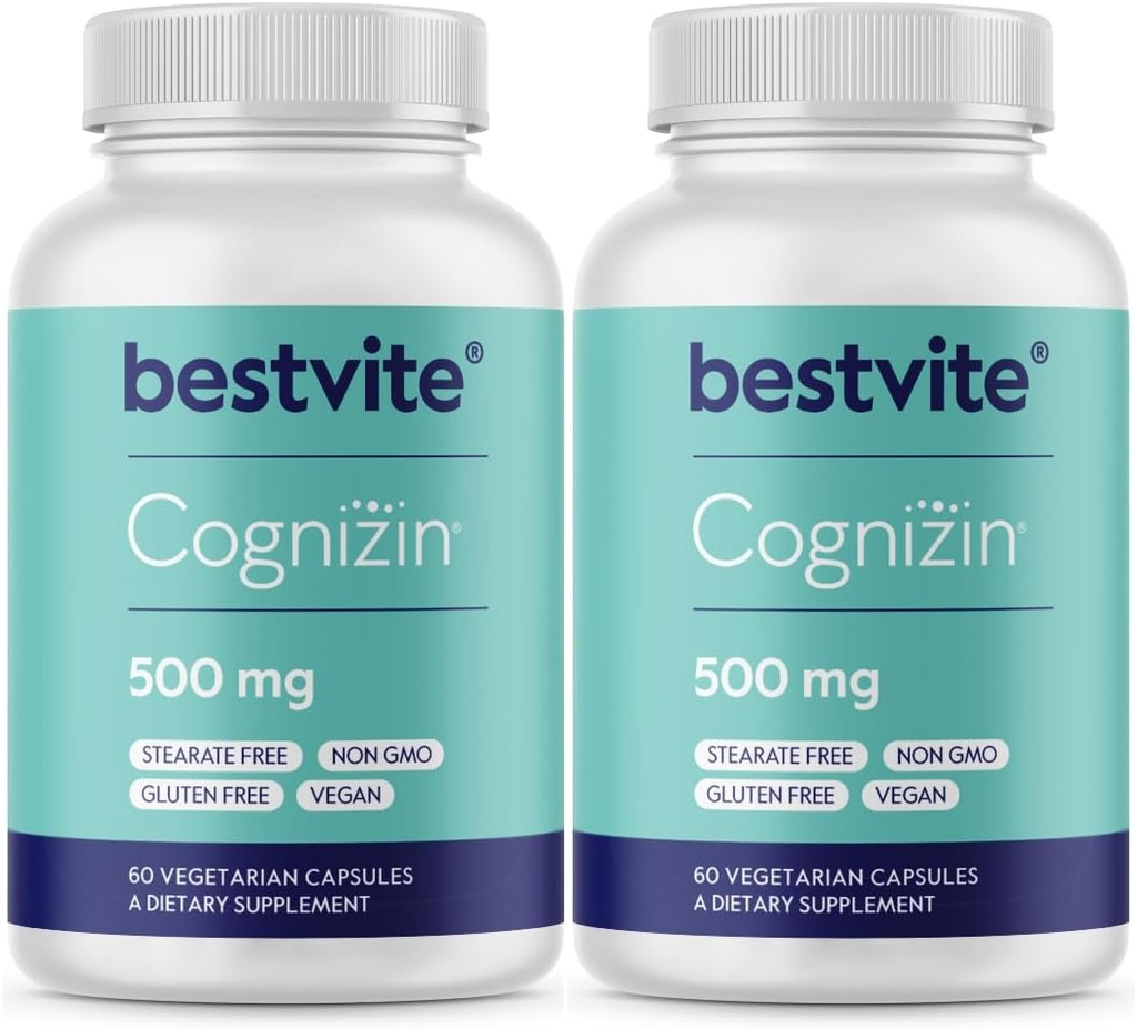 BESTVITE Cognizin Citicolin 500mg (120 vegetariske kapsler) (60x2) - Klinisk undersøgt Premium Cholin Nootrope - Ingen stearater - Vegan - Gluten Free - Brain Supplements for Memory and Focus