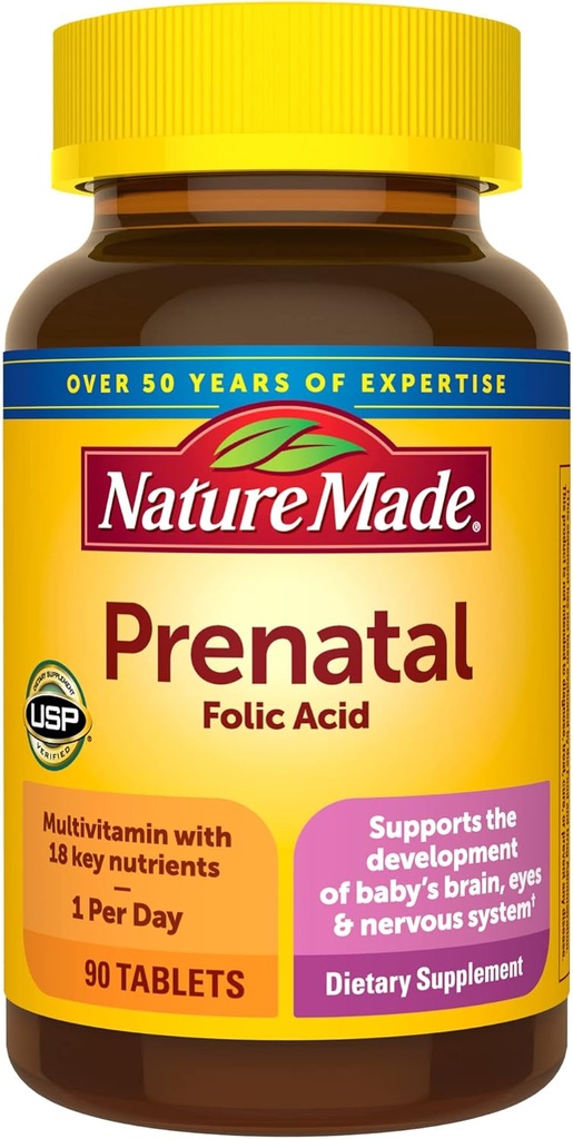 Naturen Lavet Prenatal Multivitamin med folinsyre, Prenatal Vitamin og Mineral supplement til daglig ernæringsstøtte, 90 tabletter, 90 dages forsyning