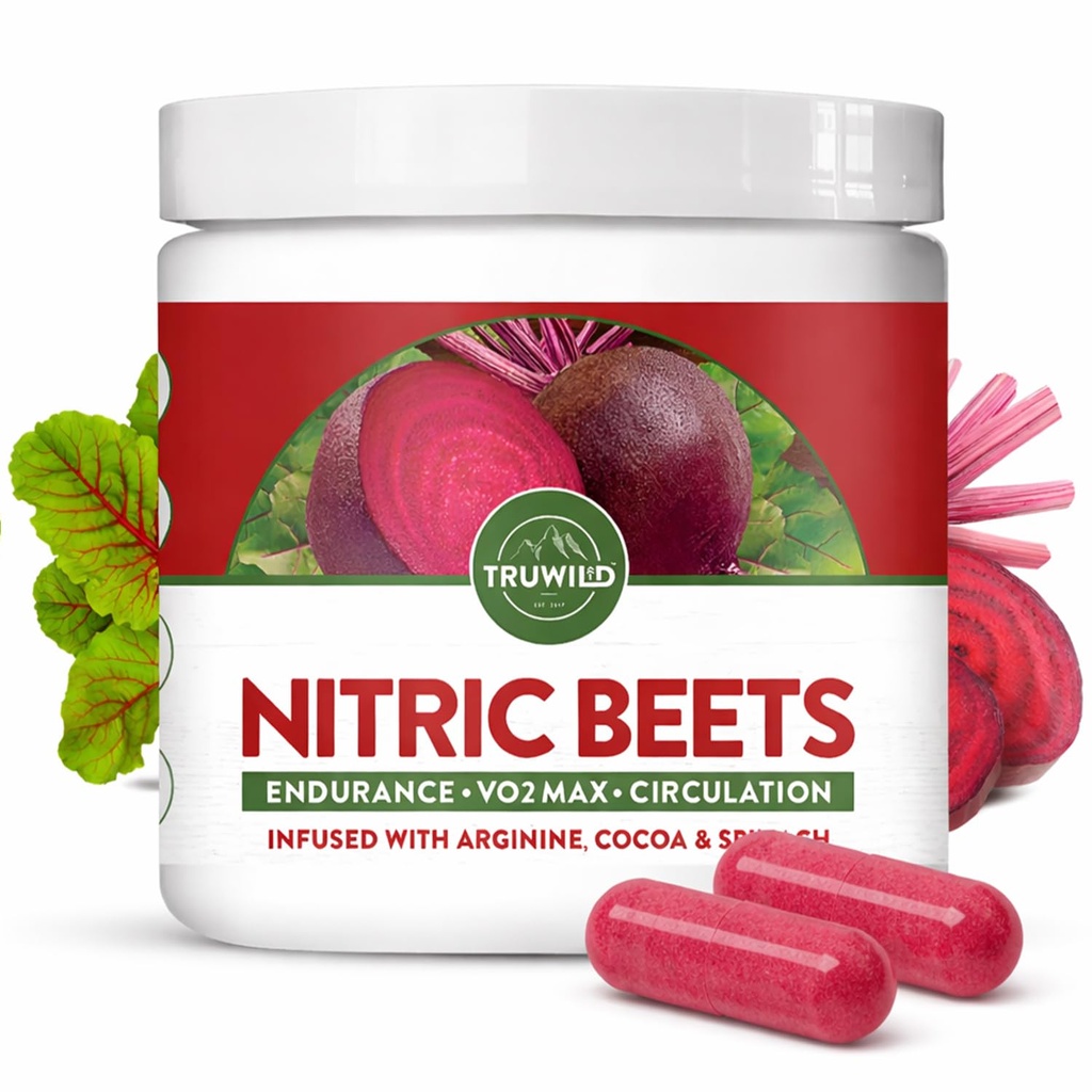 TruWild All Natural Beet Root Powder, Nitric Oxide Booster, 1000mg, Vegan Superfood Capsule Supplement, Beetroot Extract understøtter samlet sundhed, ydeevne & Stamina, 30 Serveringer
