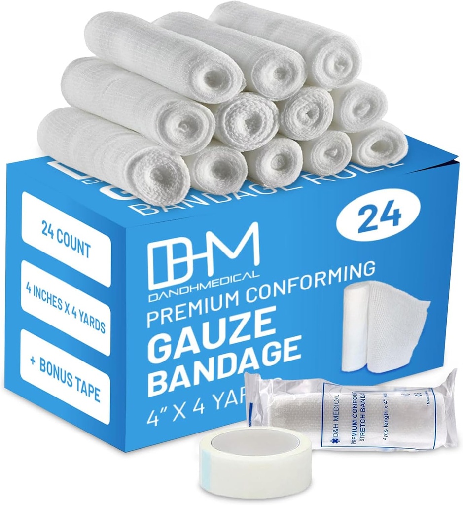 D & H Medical Pack af 24 Gauze Bandage Roll 4 Inches x 4 Yards - Medical Gauze Wrap for Wounds Care - Let at bruge Bomuld Gauze Rolls til hånd wrap Dressing Ankler & Knees