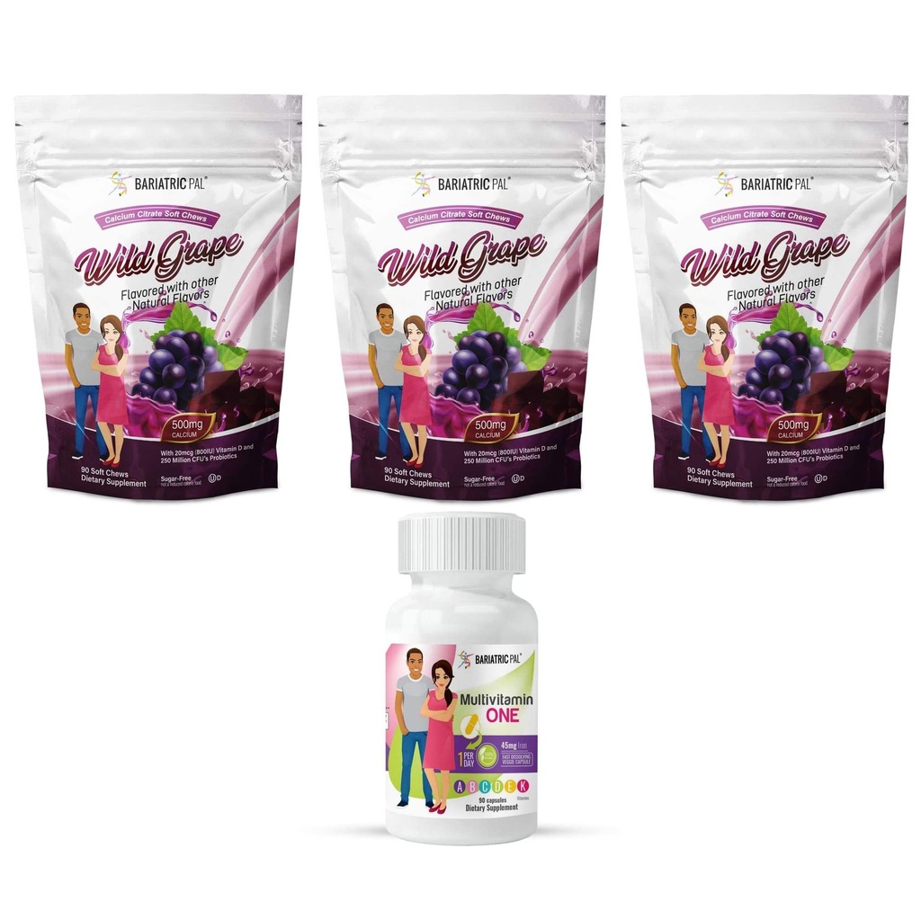 BariatricPal 90- Day Bariatric Vitamin Bundle (Multivitamin ON1 per dag! Kapsler med 45 mg jern - og calciumcitrat Soft Chews 500 mg med probiotika - Wild Grape)
