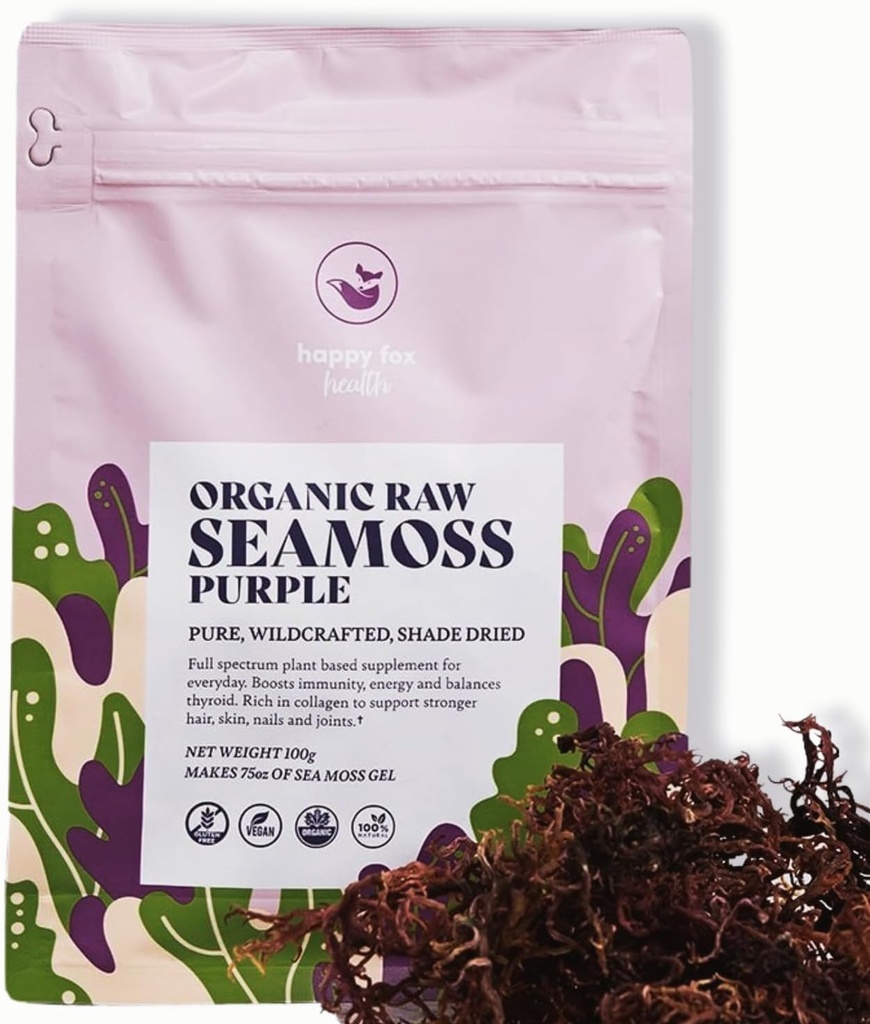 HAPPY FOX Organic Sea Moss Raw Purple - gør 75oz af Seamoss Gel Rich i Phytonutrients & Minerals, Certified non-GMO, Wildcrafted, Superfood - 100 gram taske