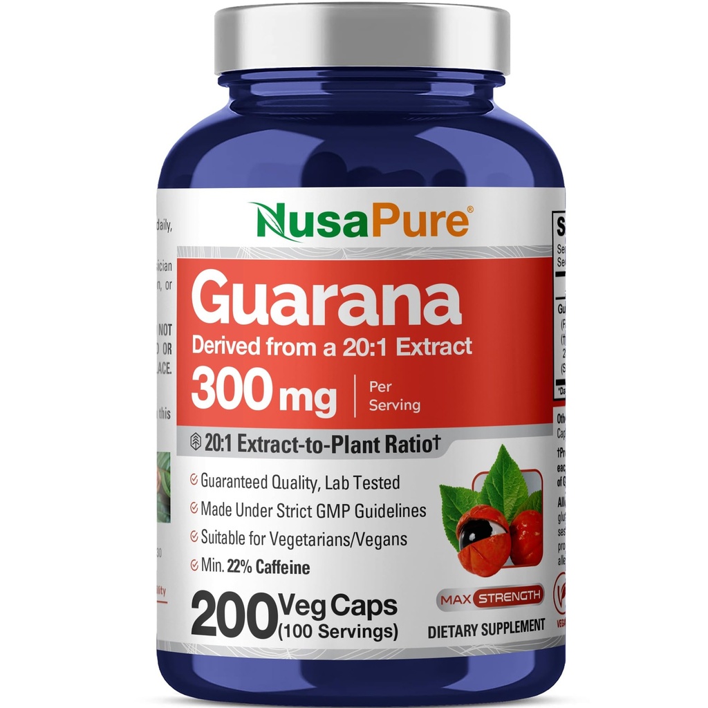 NusaPure Guarana Extract 20: 1 Extract, 300 mg svarende til 6000 mg per Veggie Caps 200 Count (non-GMO, Vegan)