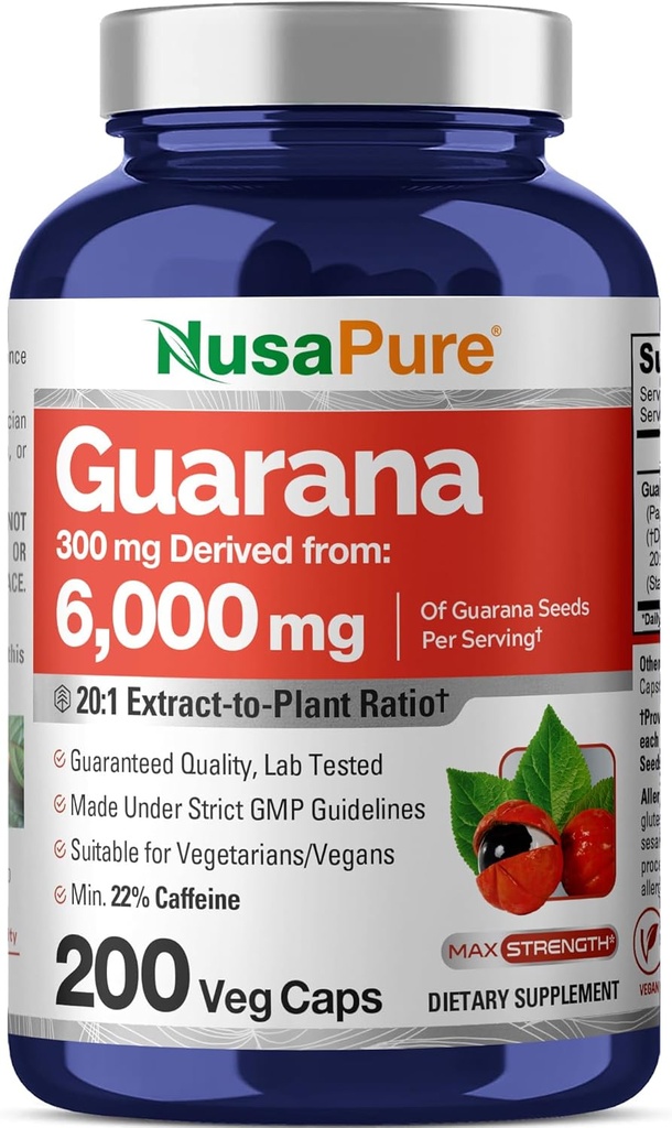 NusaPure Guarana Extract 20: 1 Extract, 300 mg svarende til 6000 mg per Veggie Caps 200 Count (non-GMO, Vegan)