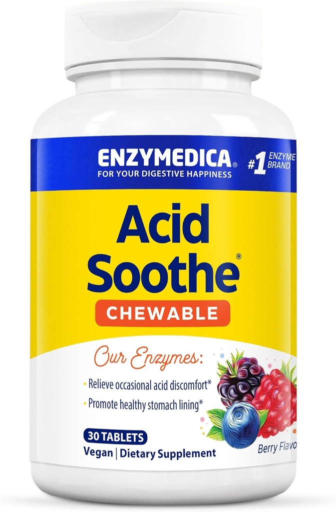 Enzymedica - Chewable Acid Sothe, Understøtter lindring af Lejlighedsvis Heartburn + fordøjelsesbesvær, 30 tæller