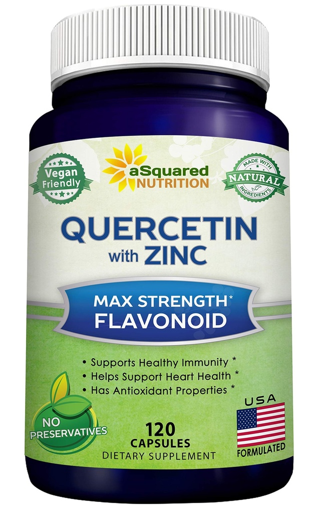 aSquared Nutrition Quercetin 1000mg med zinktilskud - 120 kapsler - Quercetin dihydrat med sort hyldebær & zink - Max Strength Powder Complex piller til at hjælpe med at forbedre immunrespons