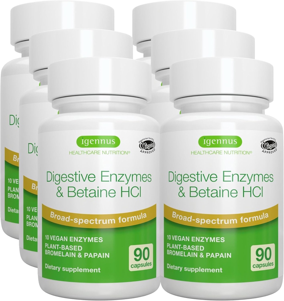 Igennus Fast Action fordøjelige enzymer & betain HCl, 10 Broad Spectrum enzymer med protein, Lipase & Lactase, Papain & Bromelain, Plant- baserede Vegan, Clean Label, for kvinder og mænd, 6 Pack