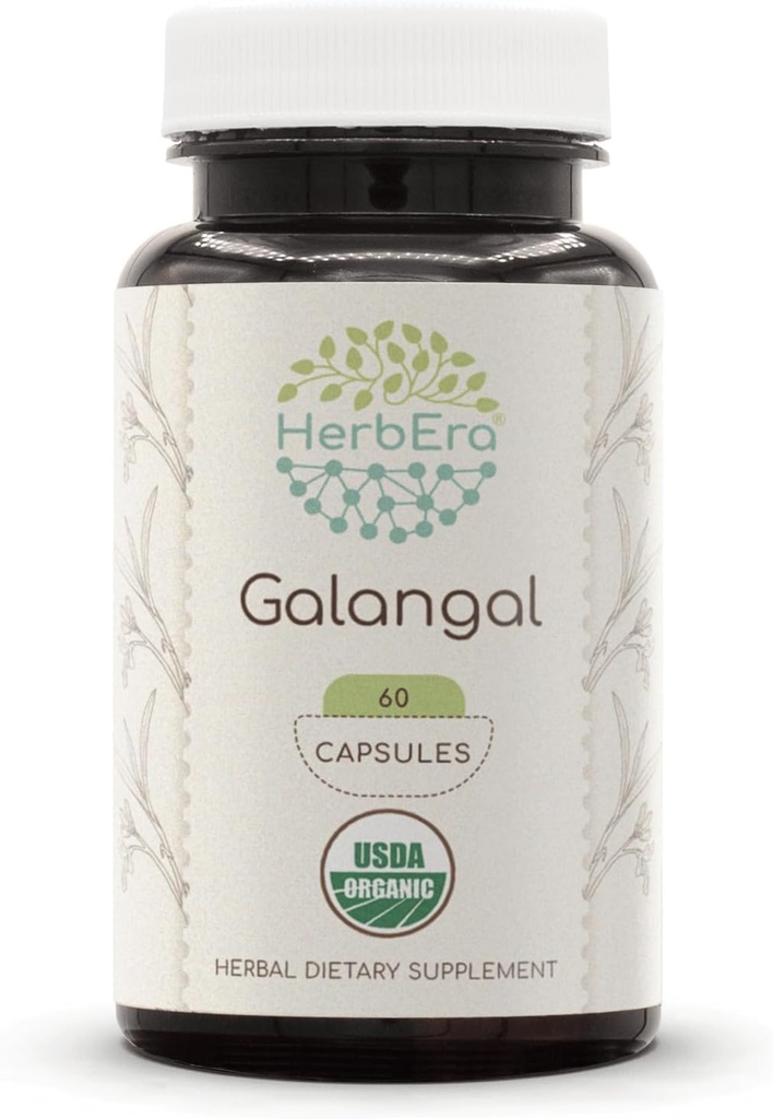 HerbEra Galangal USDA Organic 60 Capsules | Natural Herbal Supplement | Certified Organic Vegetarian Capsules and Organic Galangal (Alpinia Galangal) Dried Root (60 Capsules)