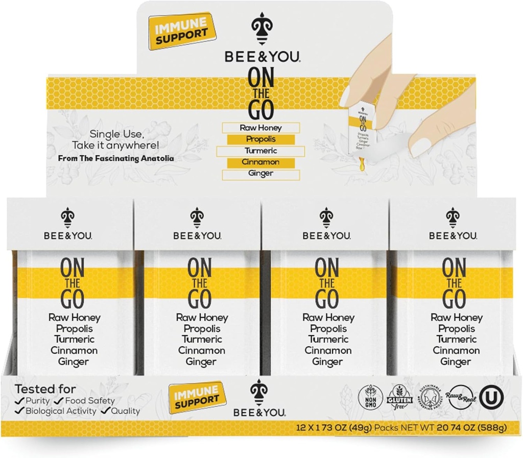 Bee og dig på farten, immunstøtte supplement, Rå honning, Propolis, gurkemeje, kanel, ingefær, Superfrood, Great Tasting, for børn og voksne, 12 Pack, 1,73 oz hver