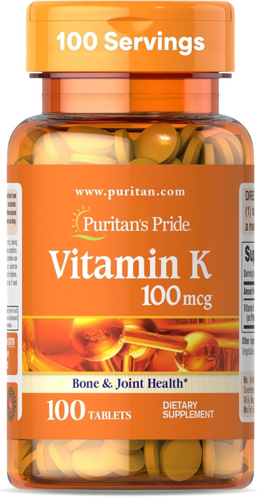 Puritans Pride Premium Vitamin K 100mcg, Kosttilskud til ben, fælles, og blodstørkning Health Support, 100 dages forsyning, 100 tabletter