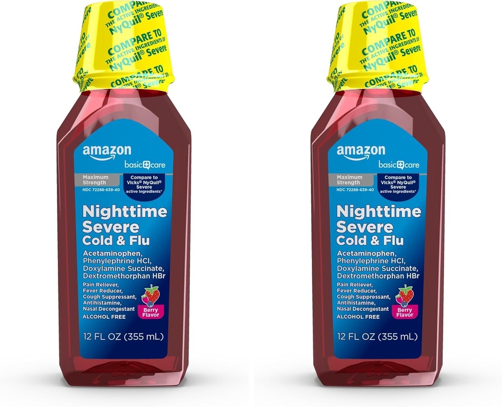 Basic Care Nighttime Svær kold og influenza Syrup, Max Strength Liquid Medicine, Multi- symptom Relief, for voksne og børn 12 år og ældre, blandet berry flavor, 12 fl oz (pakke med 2)