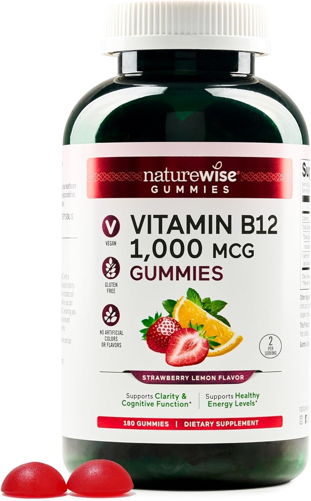 NatureWise Vitamin B12 Gummies for voksne, 1000 mcg - Strawberry Lemon Flavor - Understøtter Daglig energi, Mental Klarhed, Kognitiv funktion - Vegan, Gluten- Free, Non- GMO - 180 Greve [3-måned Tilgang]