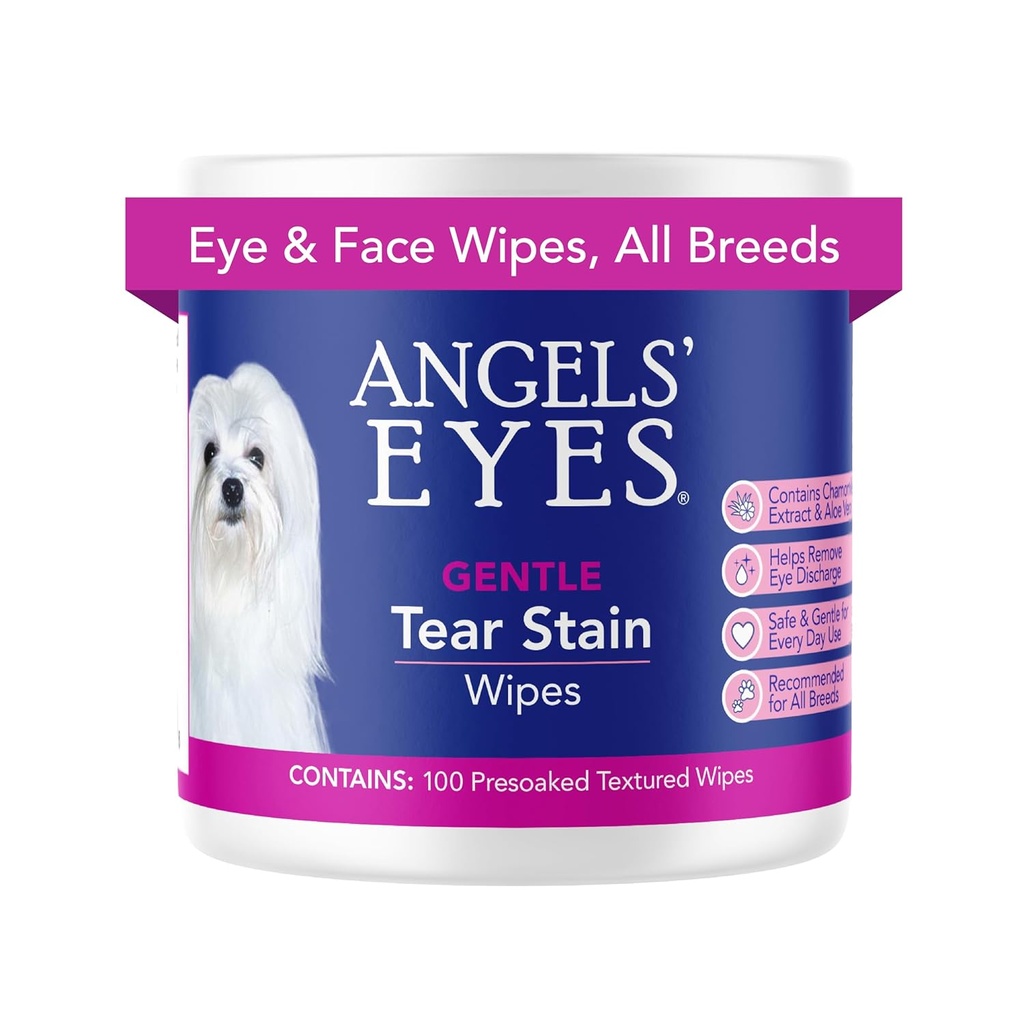 ANGELS 'Eyes Gentle Tear Stain & Pet Eye-servietter til alle hunde & katte Tekstureret Grooming Wipes Fjern udledning & Mucus, Reducere Tear Stains, Hypoallergen med Aloe & Kamille, 100ct