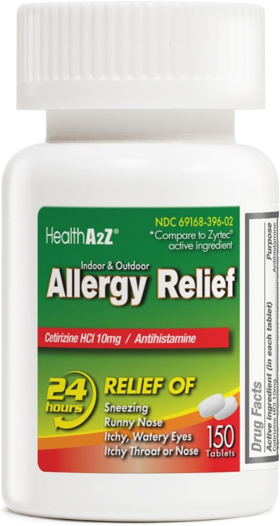 HealthA2Z ® Allergy Relief • 124; Cetirizine 10mg • 124; Hele dagen • Allergy Relief • 124; Indendørs & Udendørs • 124; Relief from Itchy That, Nysen, Runny Noses (150 Greve (pakke med 1))