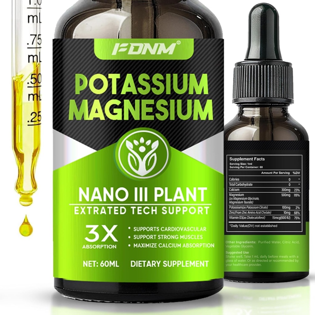 Potassium Magnesium Drops – 500mg Magnesium Potassium Supplement, High-Absorption Supplement for Leg Cramps, Bone & Immune Support with Calcium, Vitamin D3 & Zinc