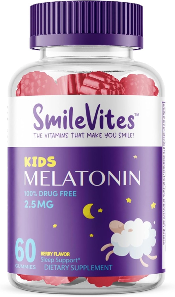 Børn Melatonin Gummies 2,5 mg • 124; 100% Drug- Free Sleep Aid • 124; Non- Habit Forming • 124; Understøtter Rastful Sleep & Regelmæssig Sleep Cycle • 124; Naturlige ingredienser • 124; Berry Flavor • 124; 60 Tæl