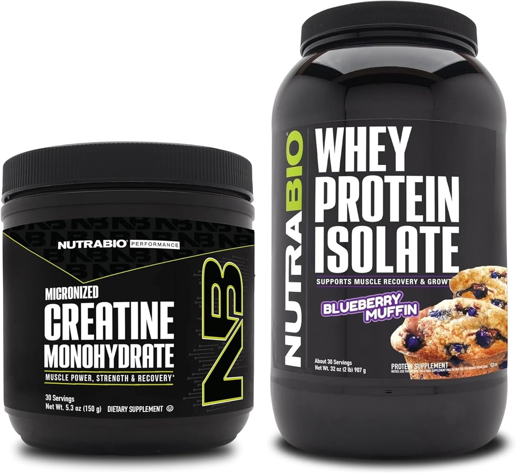 NutraBio Creatin monohydrat, Unflavored, 150g og Whey Protein Isolate, Blåbær Muffin, Supplement Bundle - Muskelenergi, Lean muskelvækst, Inddrivelse, og Styrke