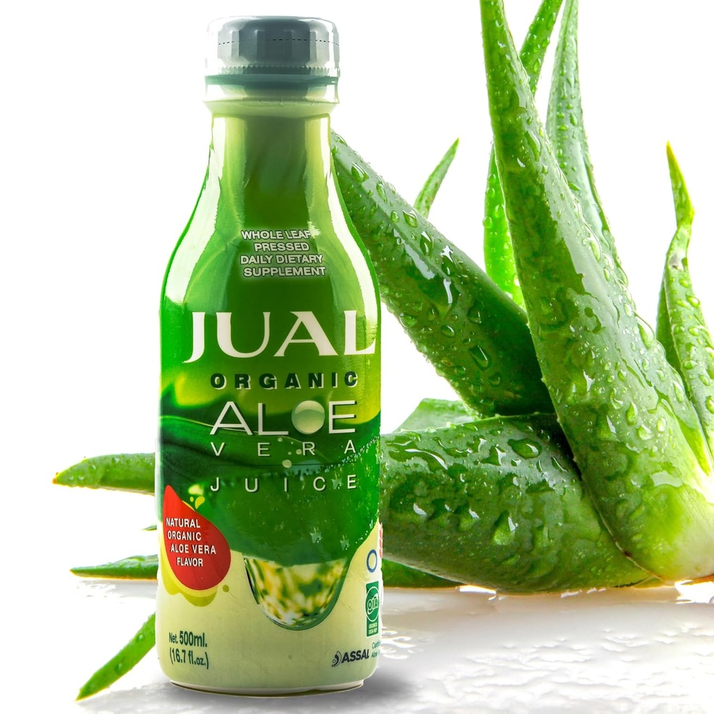JUAL 100% Pure Organic Aloe Vera Juice - Zero Sugar, Aloin-Free - Natural Flavor - Vegan Detox Functional Beverage - 16,7 Fl Oz (500ml)