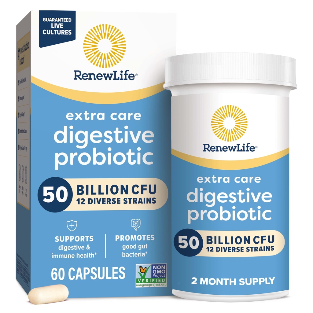 Renew Life Extra Care fordøjelige probiotiske kapsler, 50 Millioner CFU Garanteret, Dagligt tillæg støtter immunforsvar, fordøjelsessygdomme, åndedrætssygdomme (1), L. Rhamnosus GG, Dairy, Soy og Gluten- Free, 60 Greve