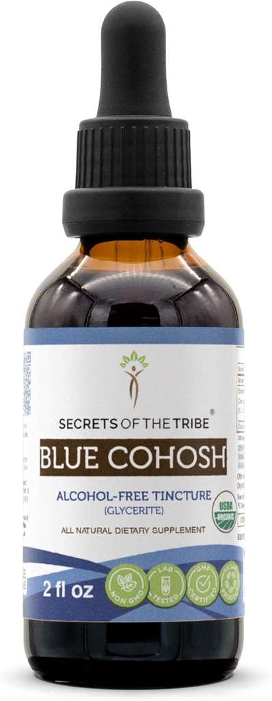 Secrets of the Tribe Blue Cohosh USDA Organic Alcohol- Free Tincture (Glycerit) Responsible aged Blue Cohosh (Caulophyllum Thalictroides) Tørret rod (2 Fl Oz) Kvinders sundhedstillæg